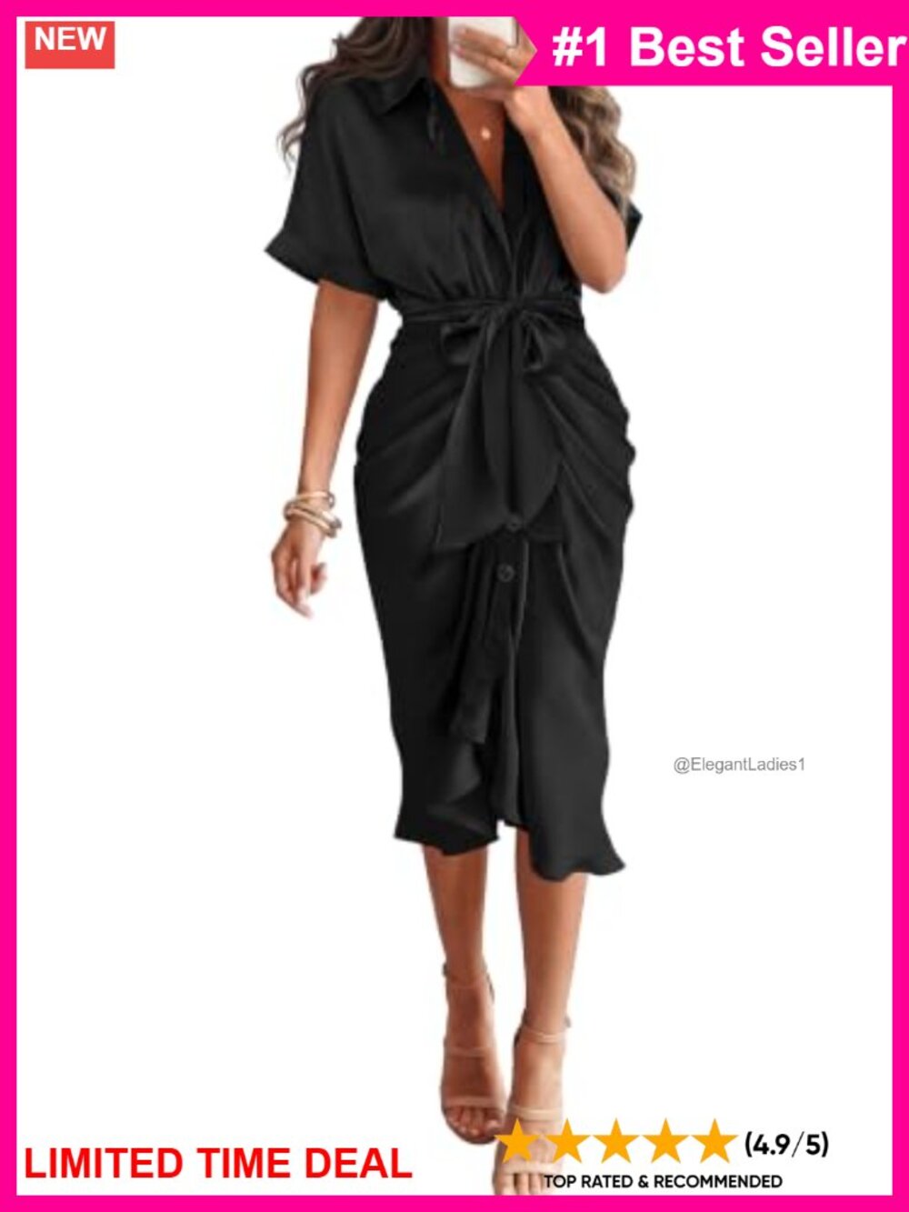 Satin Maxi Shirt Dress Button Down Tie Waist Business Casual